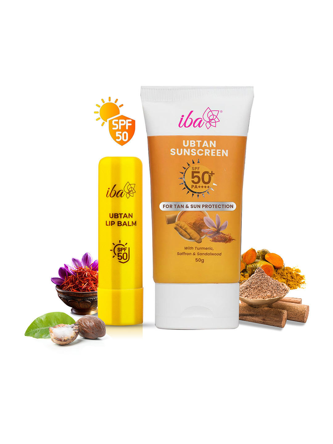 Iba Set Of 2 Ubtan Lip Balm- 4.5 g & Ubtan Sunscreen With SPF 50+ PA++++- 50 g
