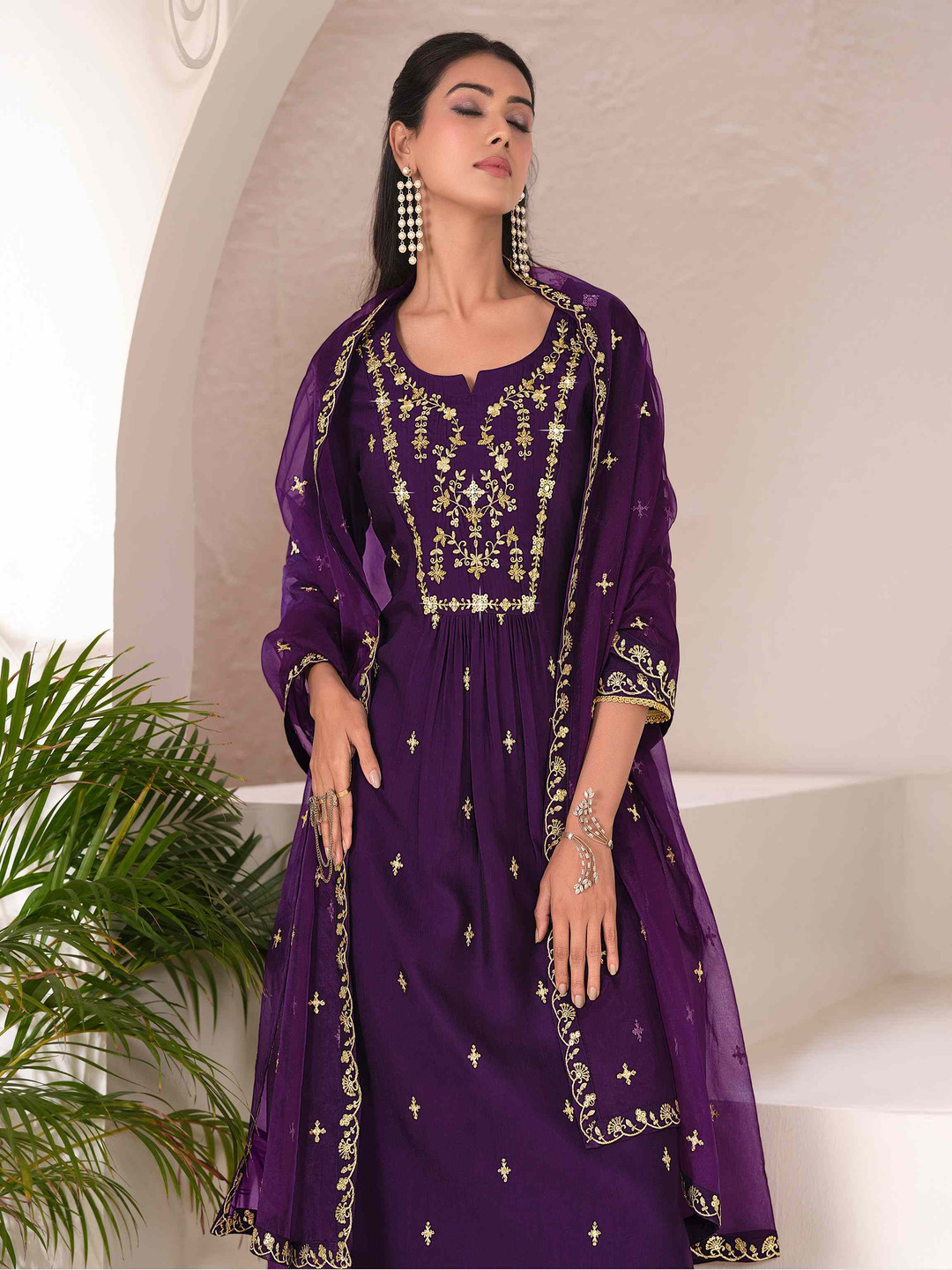 MOJILAA Women Floral Embroidered Mirror Work Flared Kurta with Pant & Printed Dupatta
