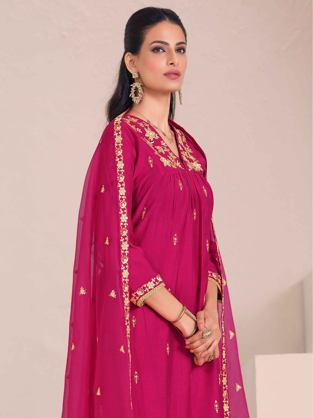 MOJILAA Women Embroidered Mirror Work Flared Kurta With Pant & Printed Dupatta