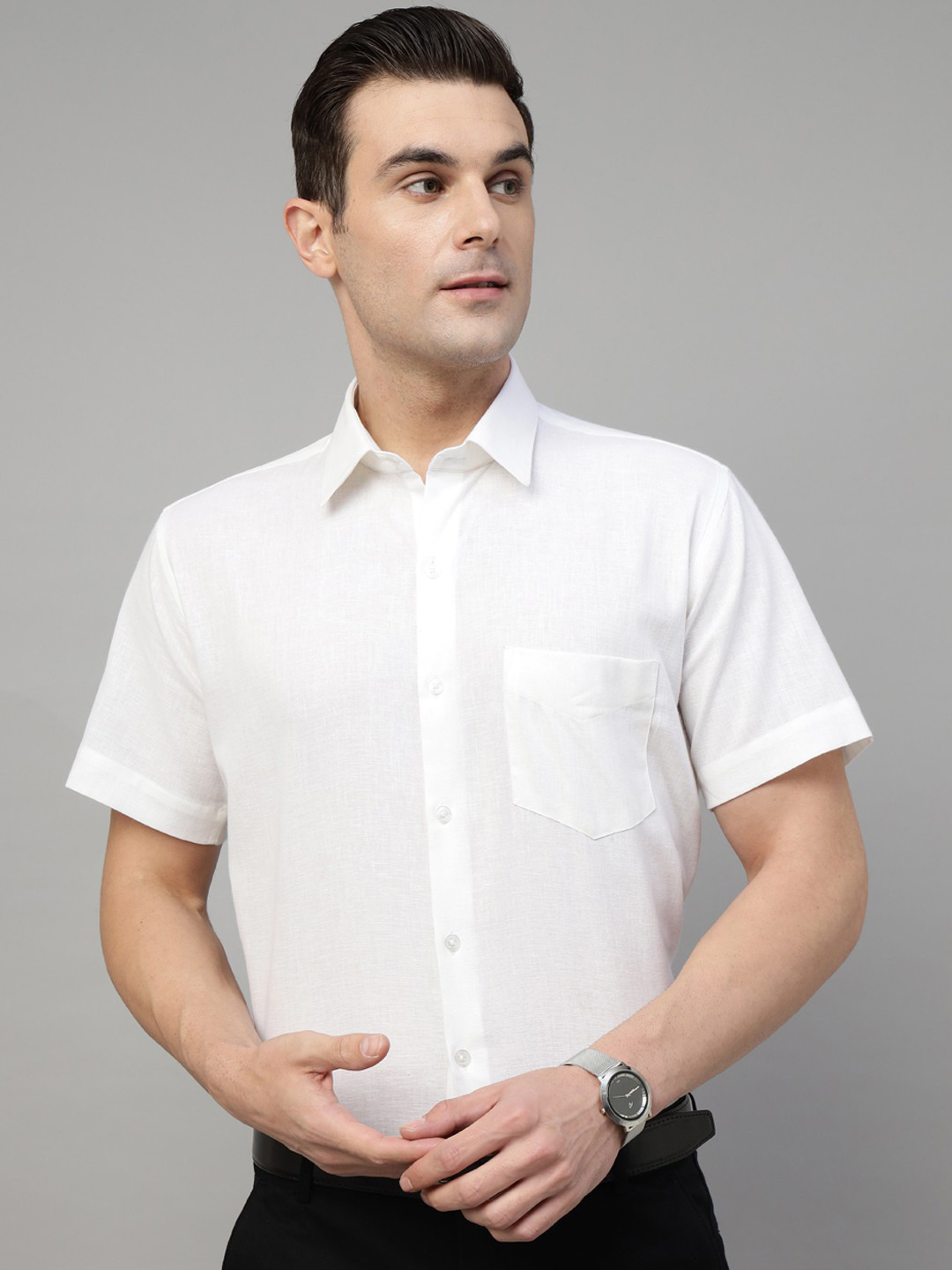 Hancock Men Standard Slim Fit Linen Opaque Formal Shirt