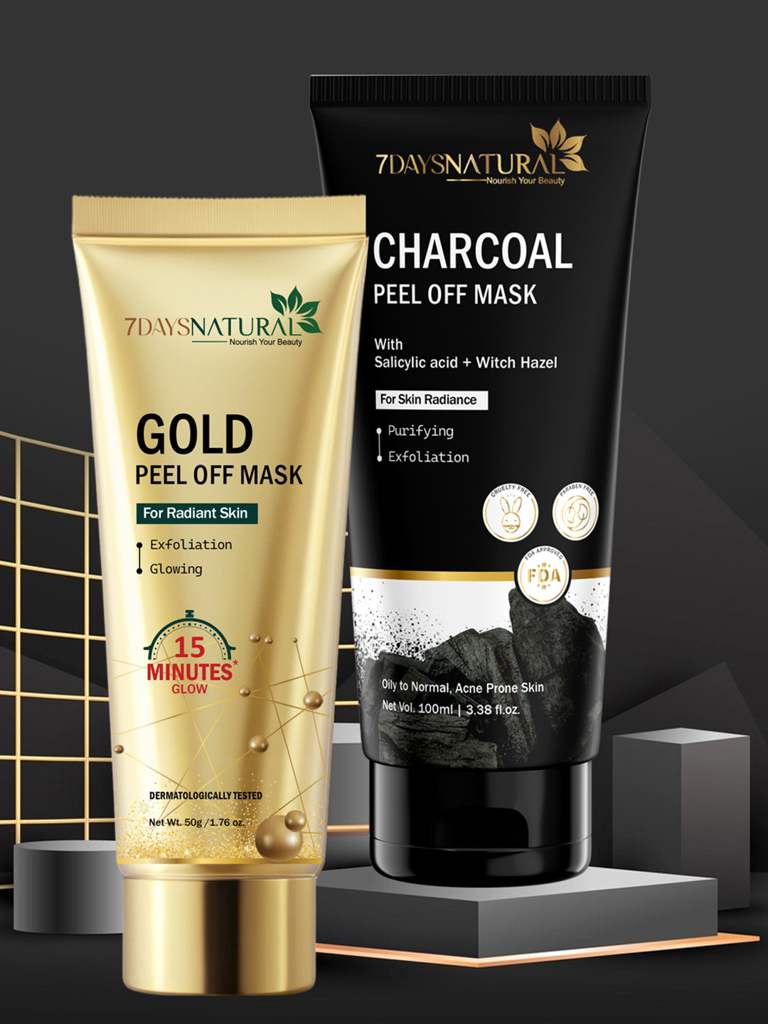 7DAYSNATURAL Natural Nourish Your Beauty Set Of 2 Charcoal Mask 100g & Gold Peel Off Mask - 50g