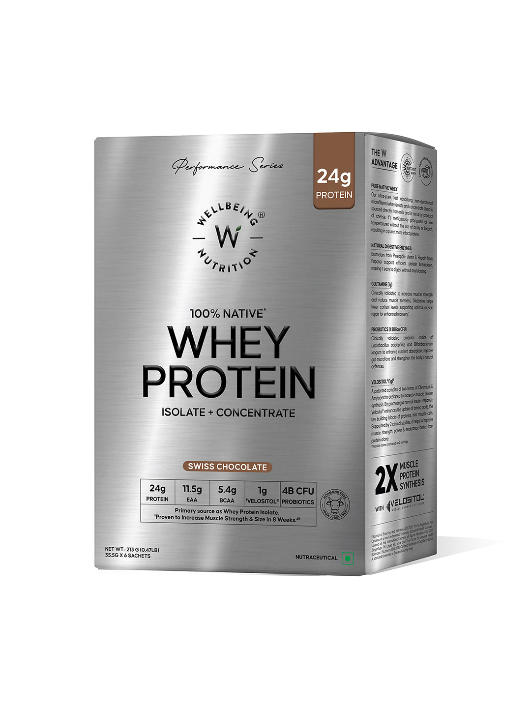 Wellbeing Nutrition Pack of 6 24gm Whey Protein Isolate & Concentrate Swiss Chocolate