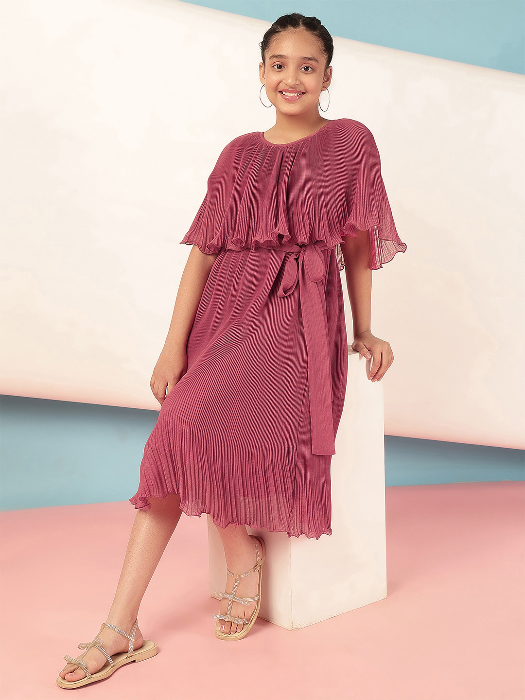 Antheaa Cape Sleeve Chiffon Blouson Midi Dress