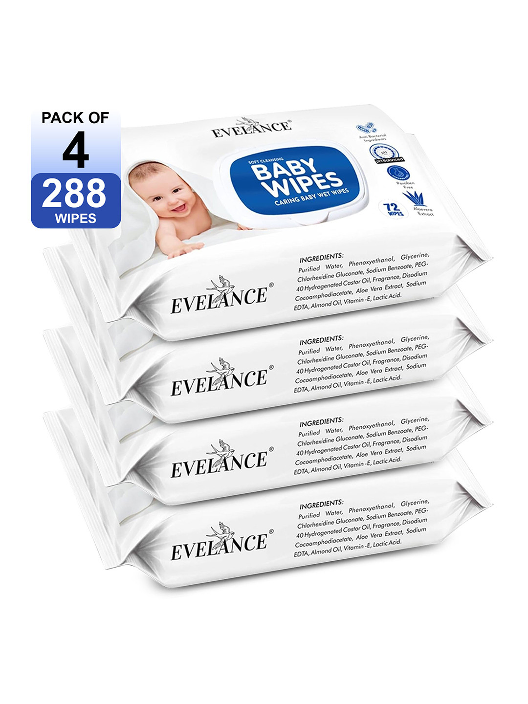 EVELANCE Set Of 4 Vitamin E Baby Wipes - 72 Wipe Each