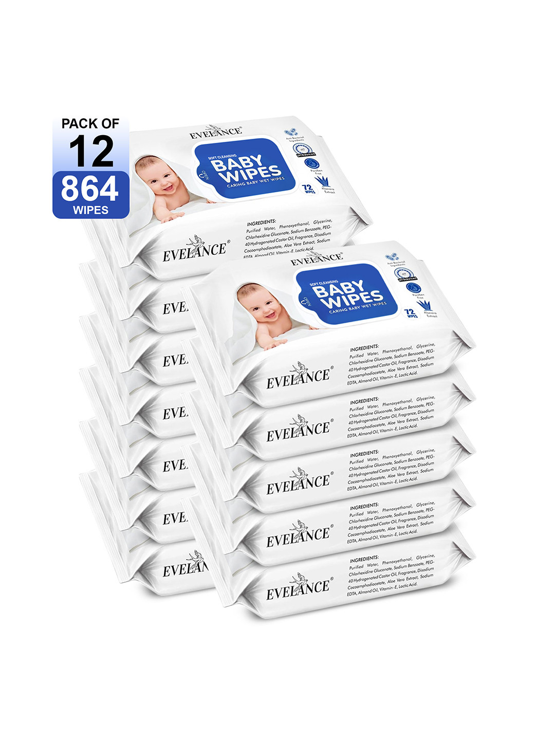 EVELANCE Set Of 12 Vitamin E Baby Wipes - 72 Wipe Each