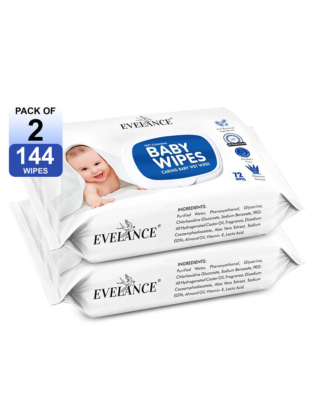 EVELANCE Set Of 2 Aloevera Soft & Cleaning Baby Wet Wipes With Lid - 72 Wipes Each