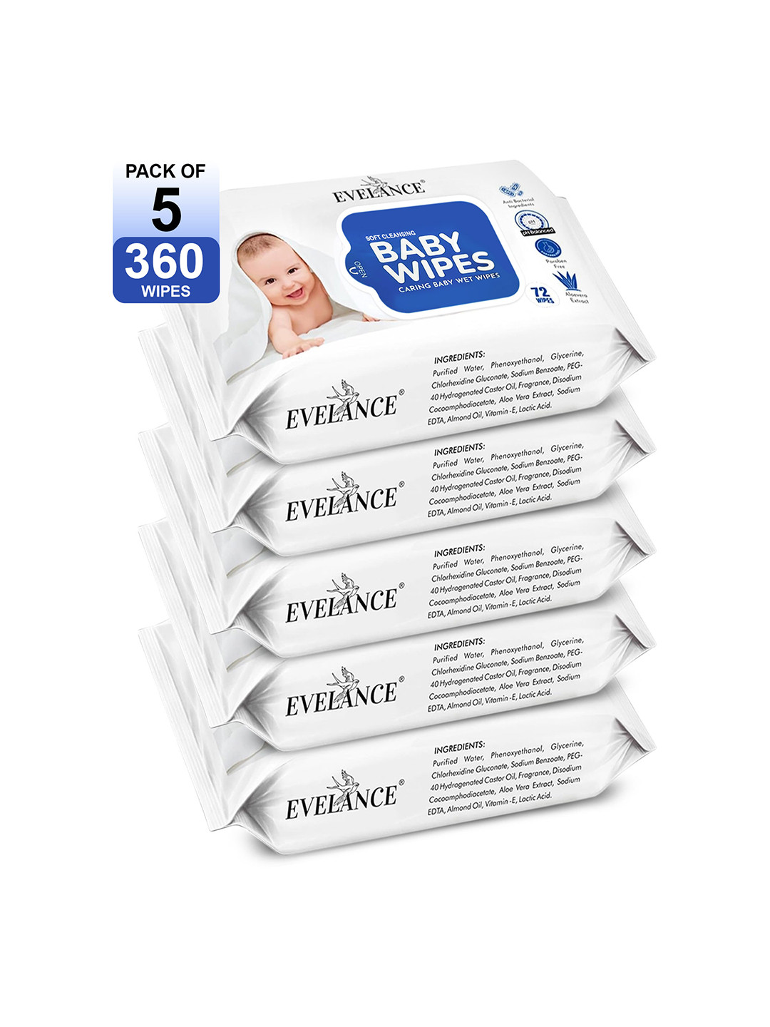 EVELANCE Set Of 5 Vitamin E Baby Wipes - 72 Wipes Each