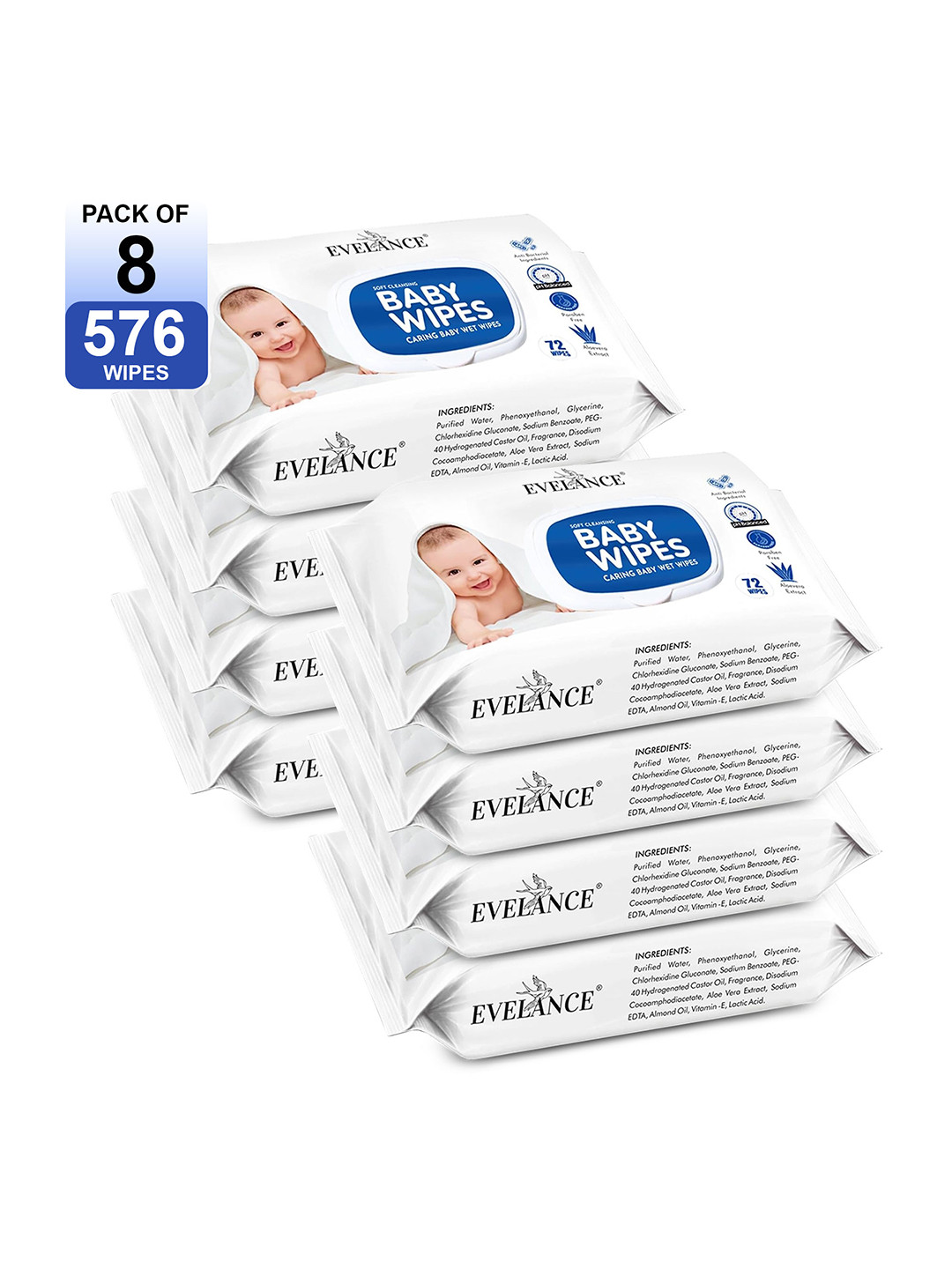 EVELANCE Set Of 8 Vitamin E Baby Wipes With Lid -72 Wipes Each