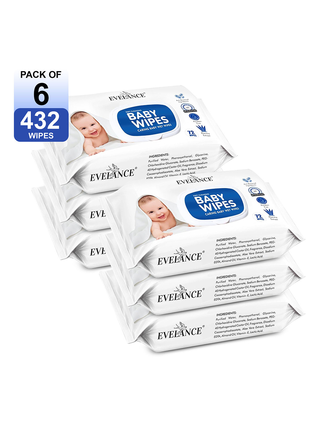 EVELANCE Set Of 6 Aloe Vera Baby Wipes With Lid - 72 Wipe Each