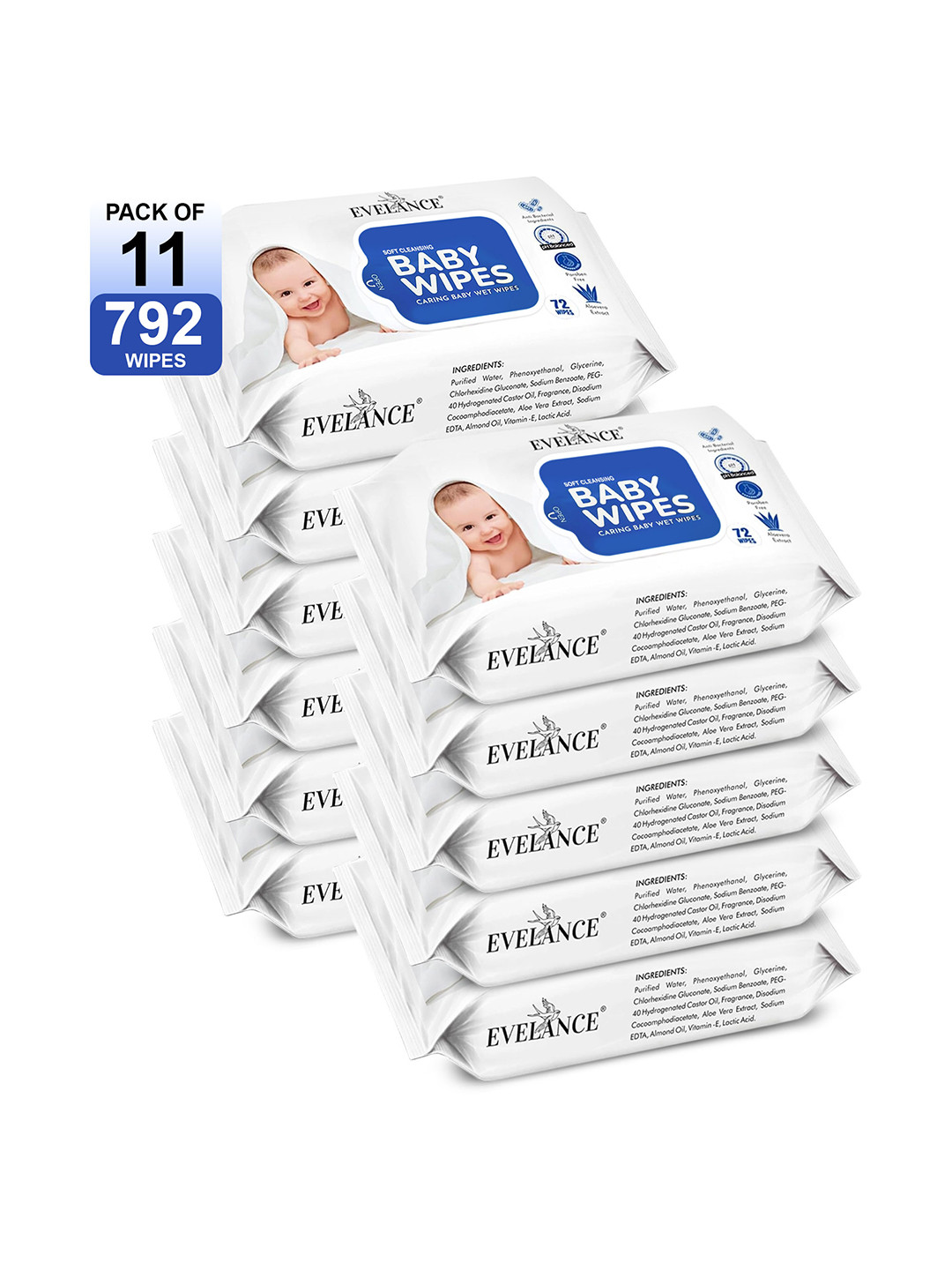 EVELANCE Set Of 11 Aloe Vera Soft & Cleaning Baby Wet Wipes - 72 Wipe Each