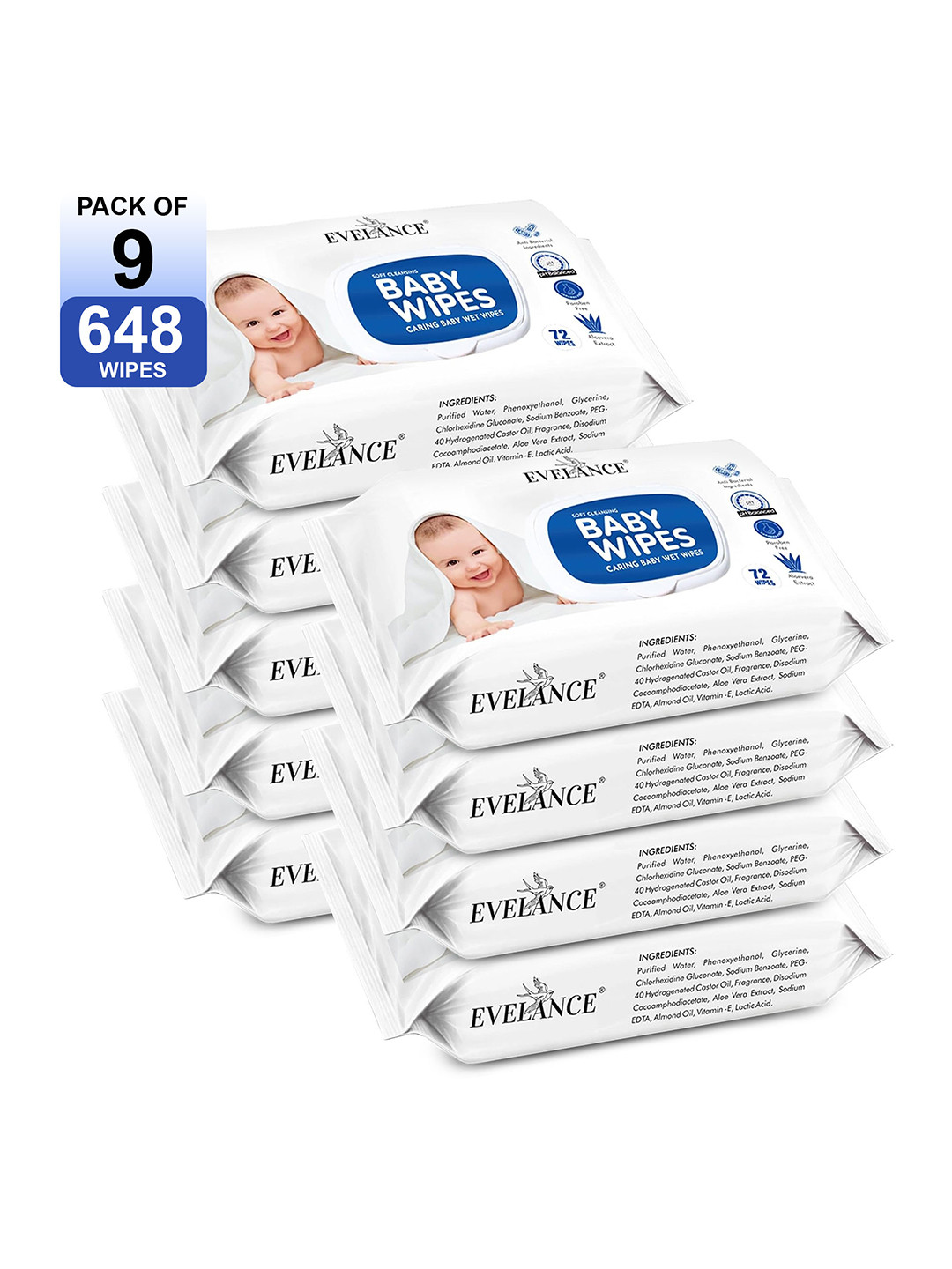 EVELANCE Set Of 9 Aloe Vera Baby Wet Wipes - 72 Wipe Each