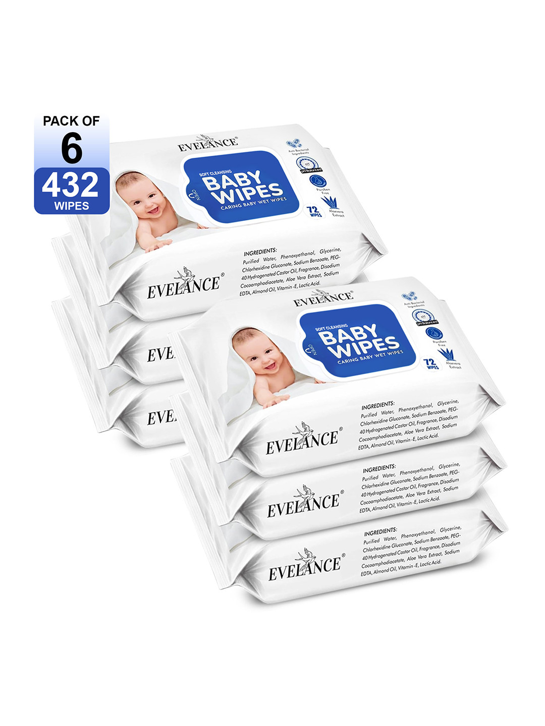 EVELANCE Set Of 6 Alovera Extract Baby Wipes - 72 Pieces Each