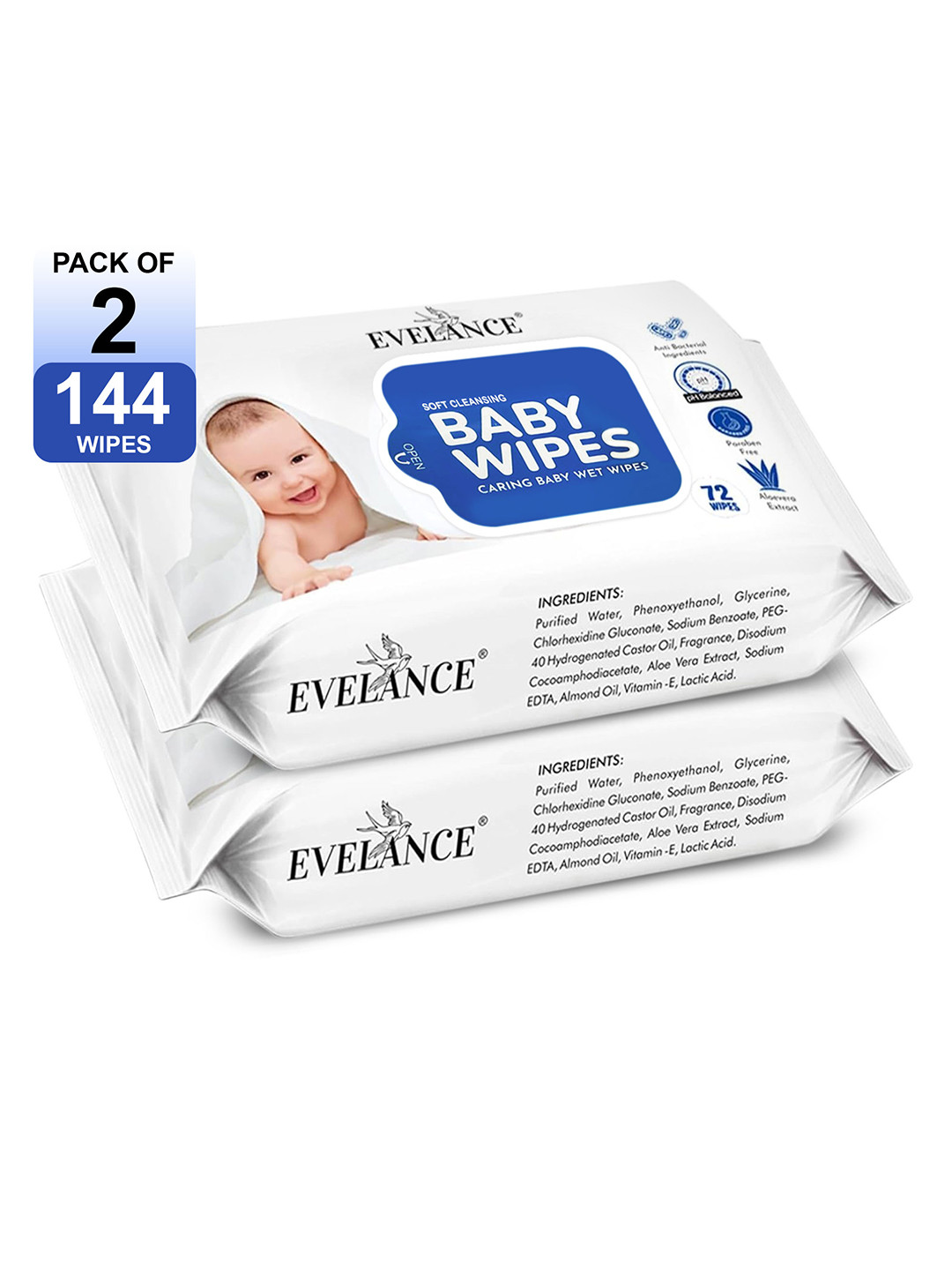 EVELANCE Set Of 2 Aloe Vera Soft & Cleaning Baby Wet Wipes - 72 Wipe Each
