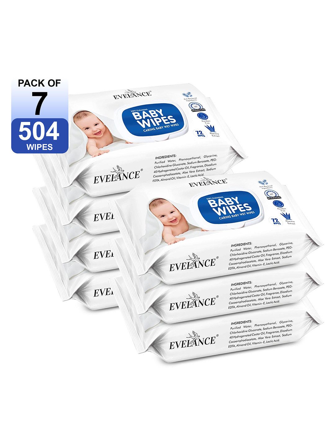 EVELANCE Set Of 7 Aloe Vera Baby Wipes - 72 Wipe Each