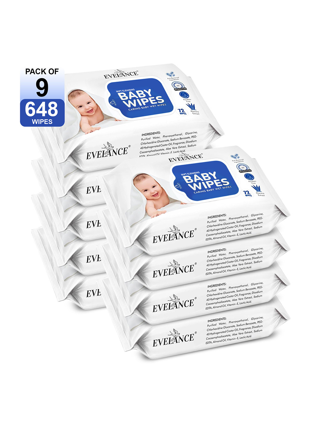 EVELANCE Set Of 9 Aloe Vera Baby Wipes - 72 Wipe Each