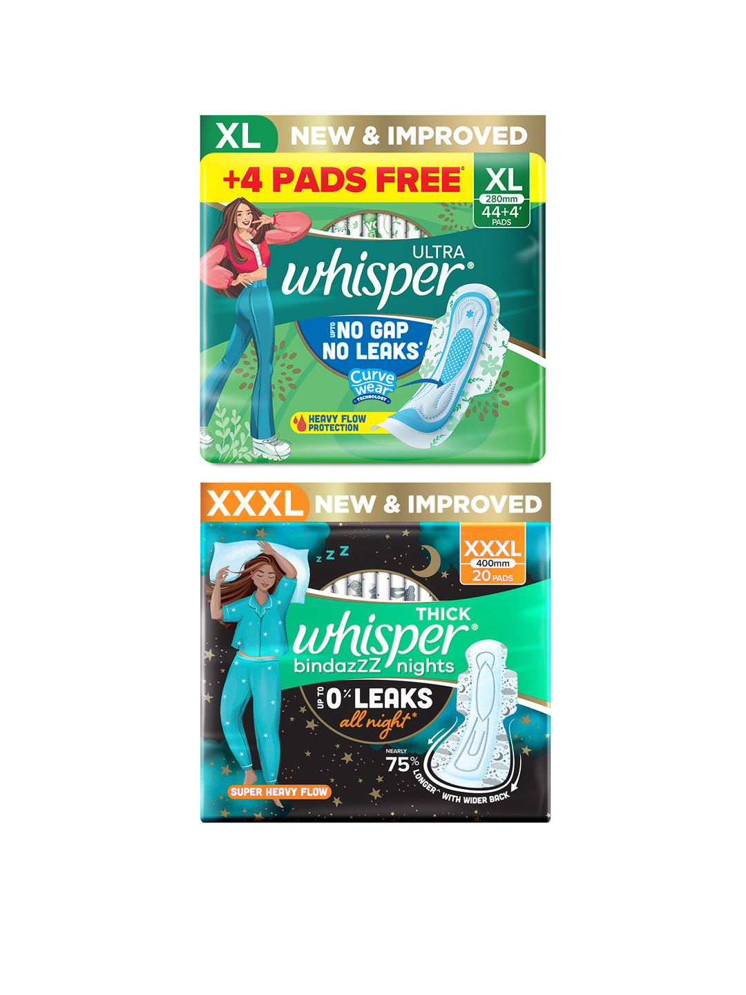 Whisper Sanitary Pads Combo - Ultra 48 XL Pads + Bindazzz Nights XXXL 20 Pads
