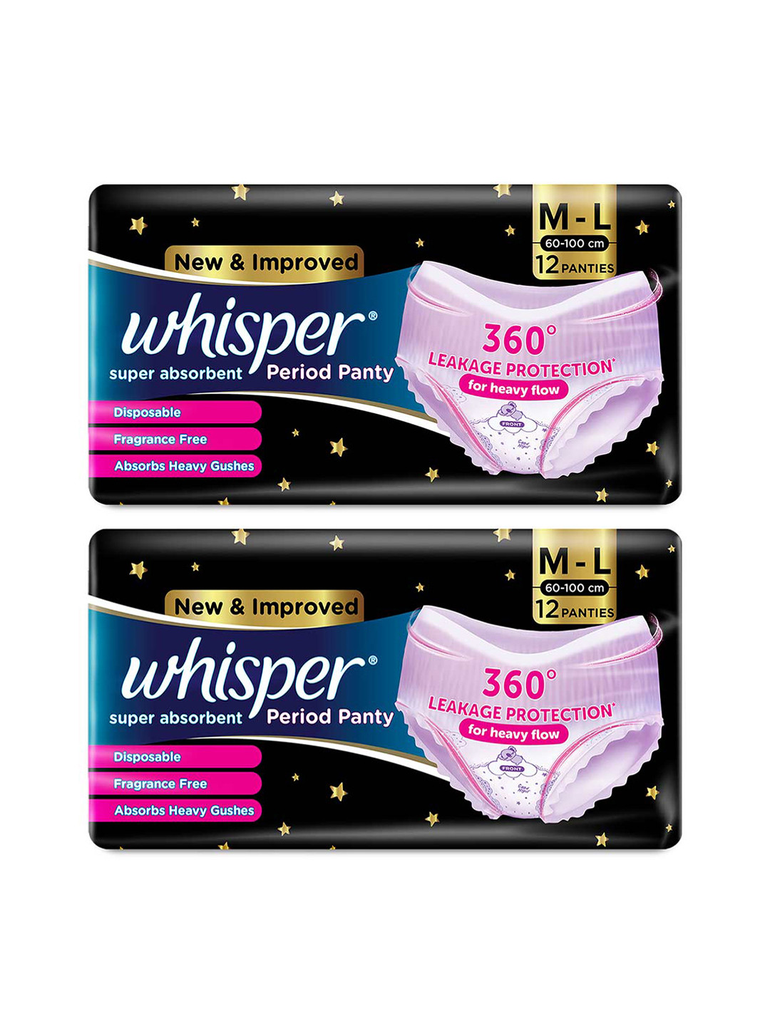 Whisper Set of 2 Super Absorbent Disposable FlexFit Period Panties- Size M-L - 12 Pcs each