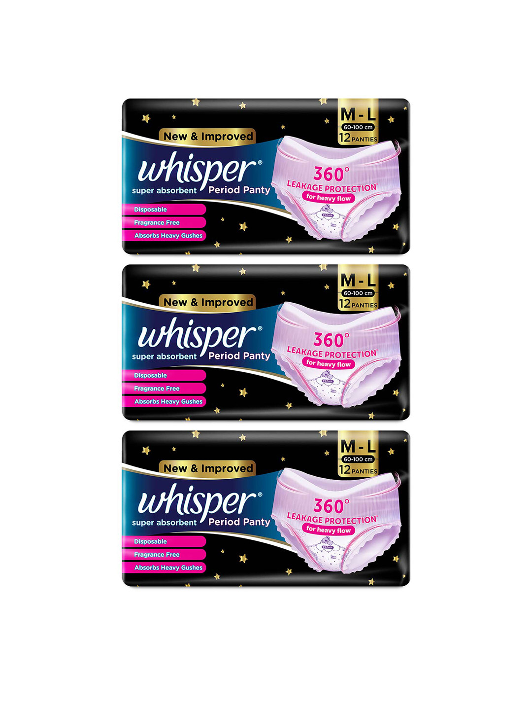 Whisper Set of 3 Super Absorbent Disposable FlexFit Period Panties- Size M-L - 12 Pcs each