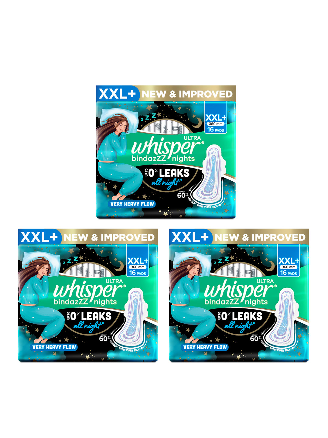 Whisper Set of 3 Bindazzz Nights XXL+ Sanitary Pads - 16 Pads each