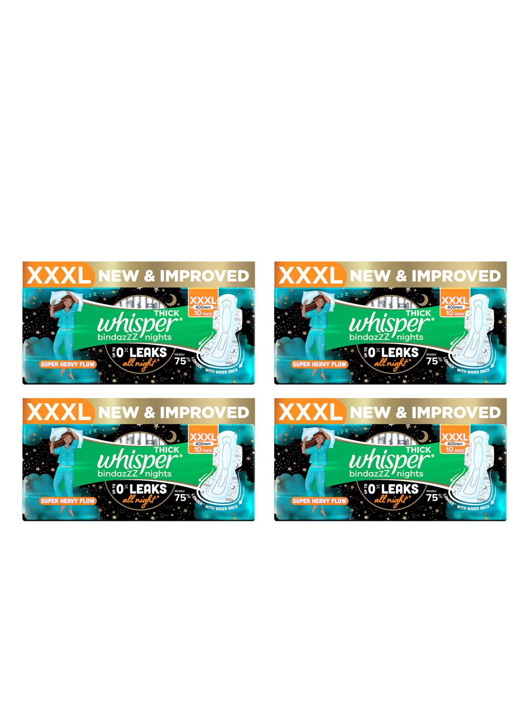 Whisper Set of 4 Bindazzz Nights XXXL Sanitary Pads - 10 Pads each