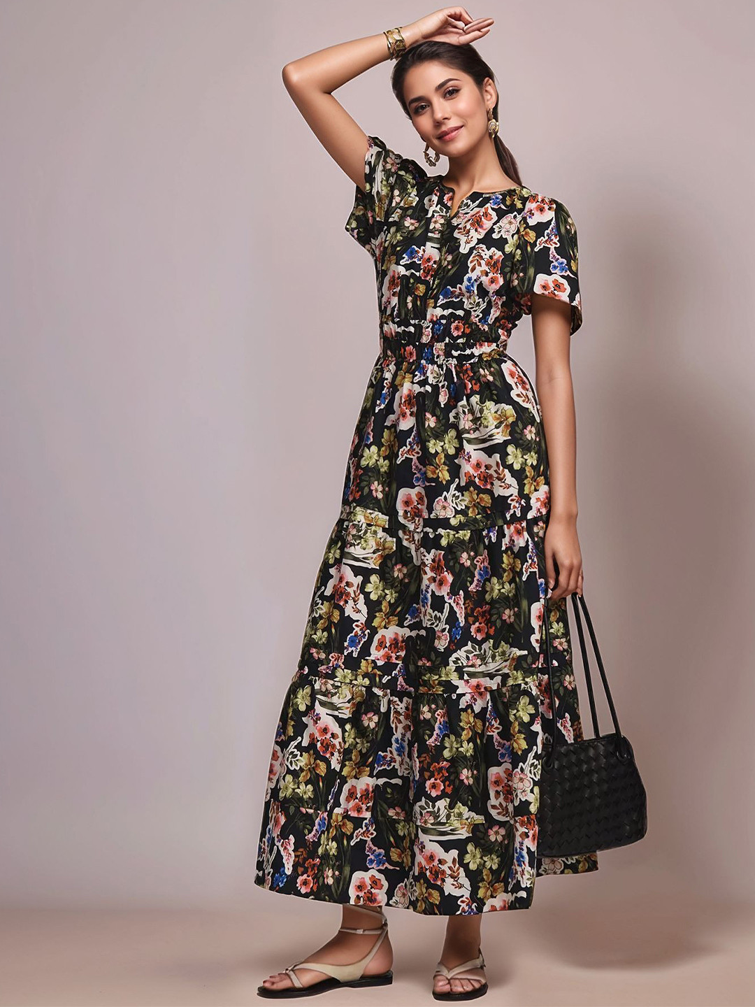 DressBerry Women Multi Floral Print Poly Rayon Ankle Length Dress