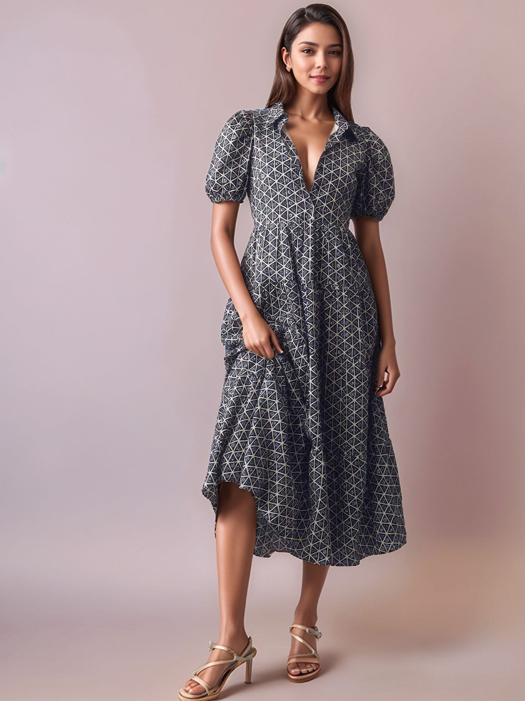 DressBerry Women Black Geometric Poly Rayon Calf Length Dress