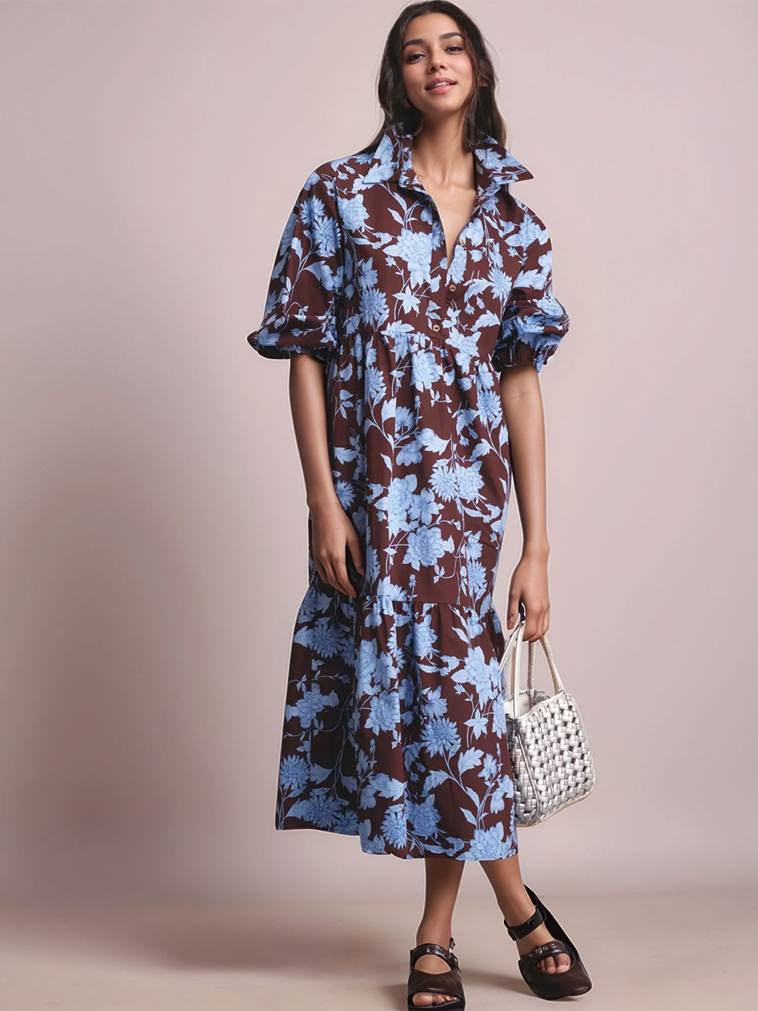 DressBerry Women Coffee Brown Floral Print Poly Rayon Below Knee Dress