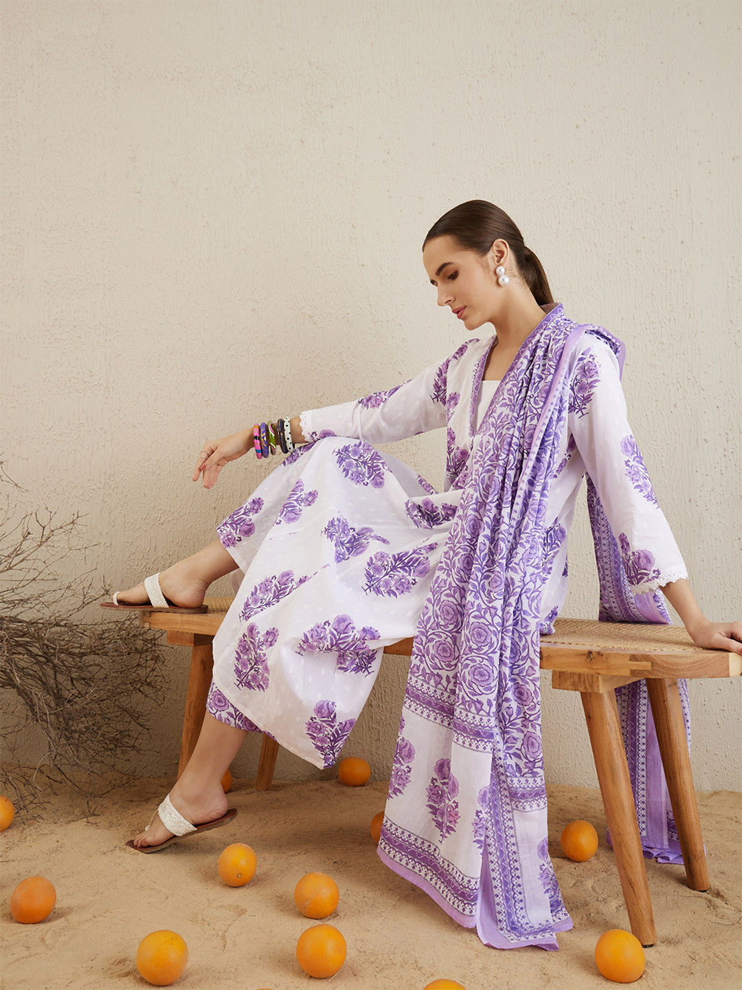 Indo Era Women Floral Printed Panelled Pure Cotton Kurta with Palazzos & With Dupatta
