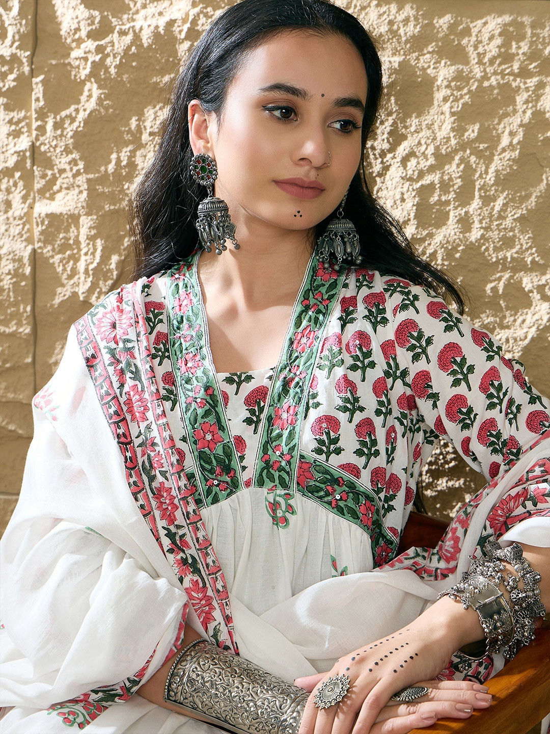 Indo Era Women Ethnic Motifs Printed Empire Mirror Work Pure Cotton Kurta with Trousers & With Dupatta