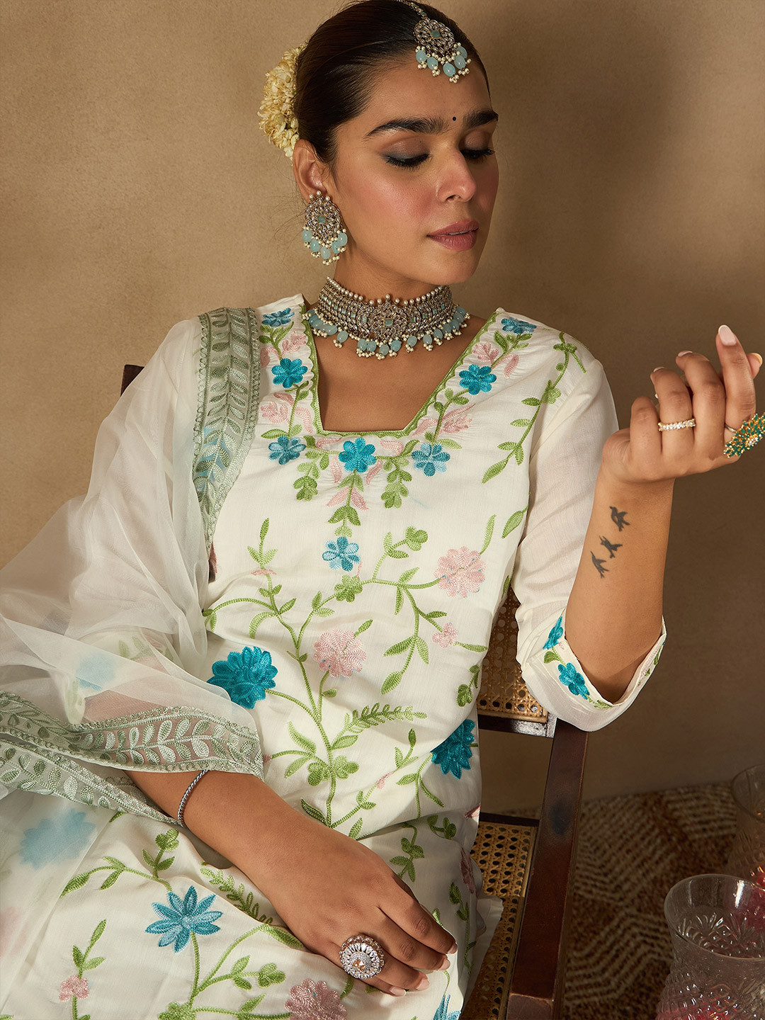 Indo Era Women Floral Embroidered Regular Thread Work Kurta with Trousers & With Dupatta