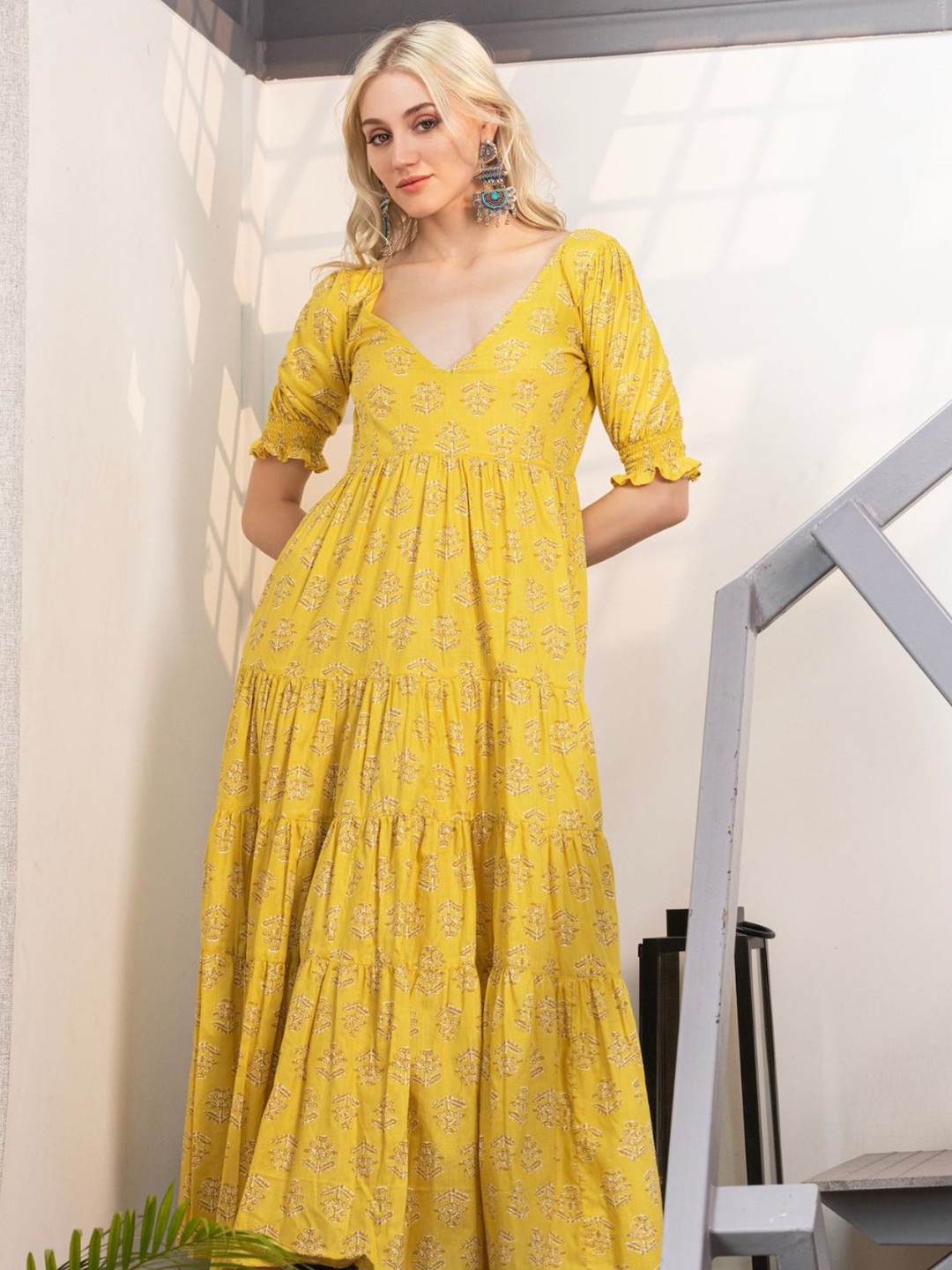 House of Abeena Floral Print Puff Sleeve Fit & Flare Maxi Dress