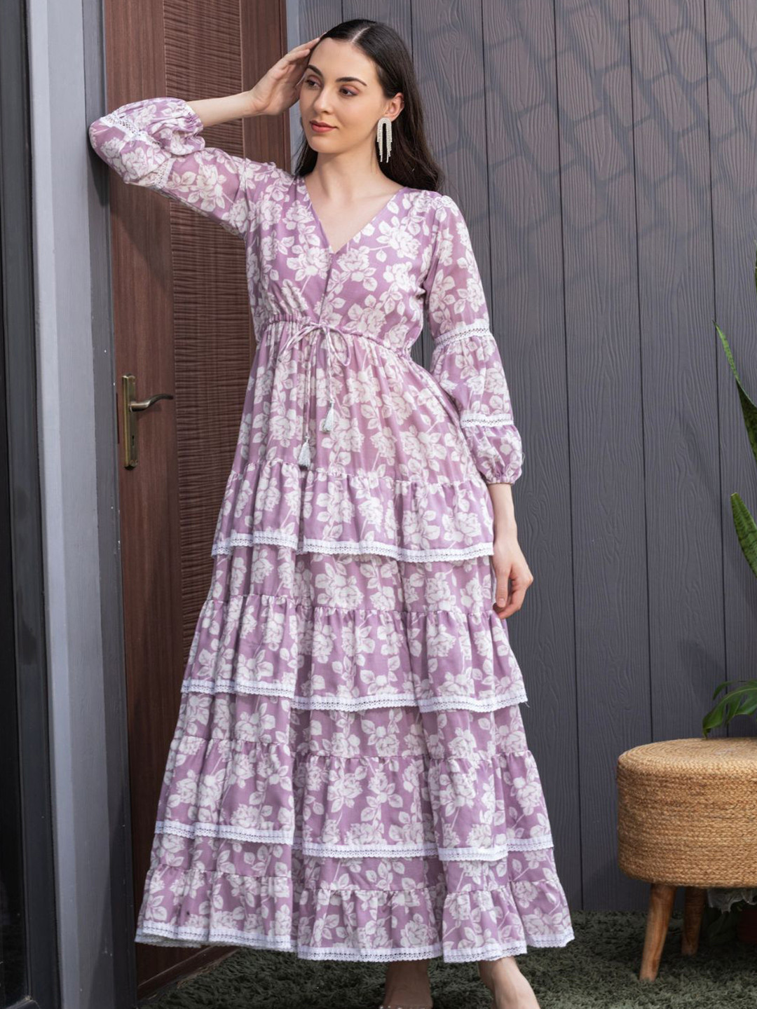 House of Abeena Floral Print Puff Sleeve Layered Fit & Flare Maxi Dress