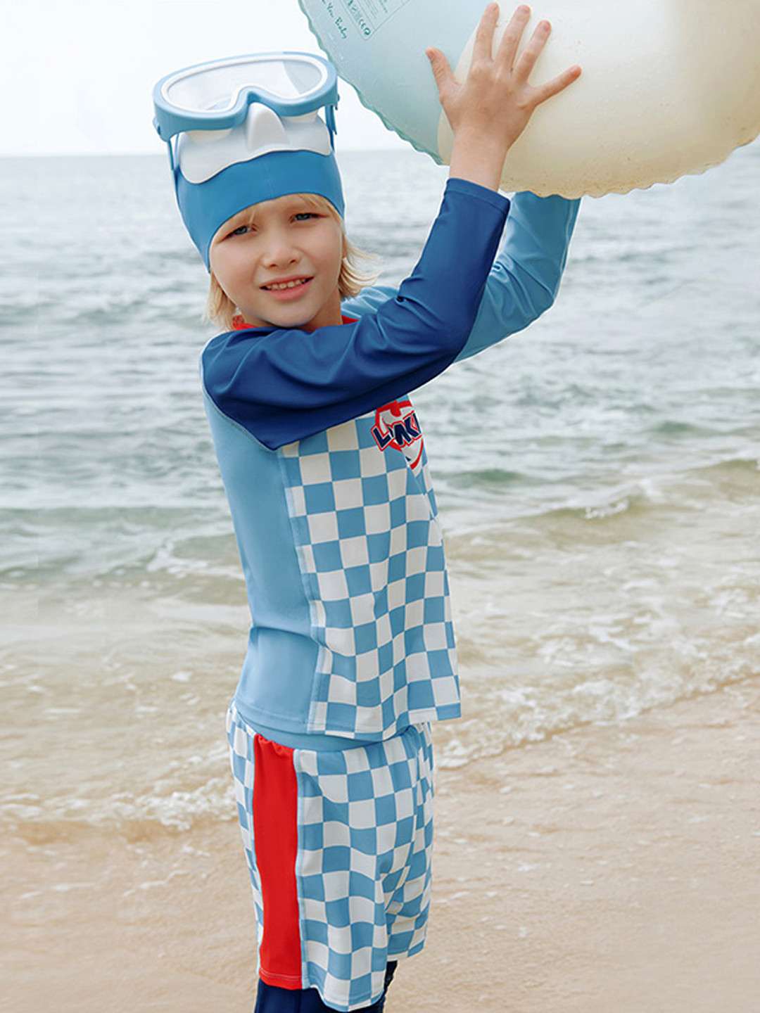 Little Surprise Box LLP 3Pcs Blue Checkered Swimsuit For Boys With UPF 50+