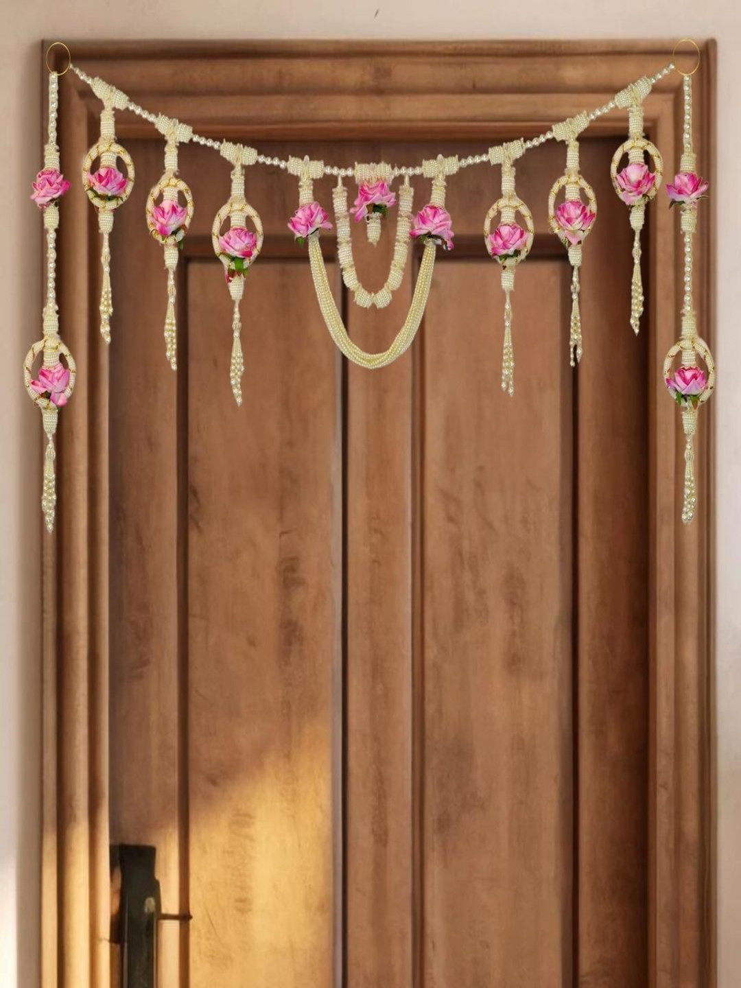 THE HOME CO. 3-Pcs Off-White & Pink Lotus Bloom Pearl Toran With Side Hanging