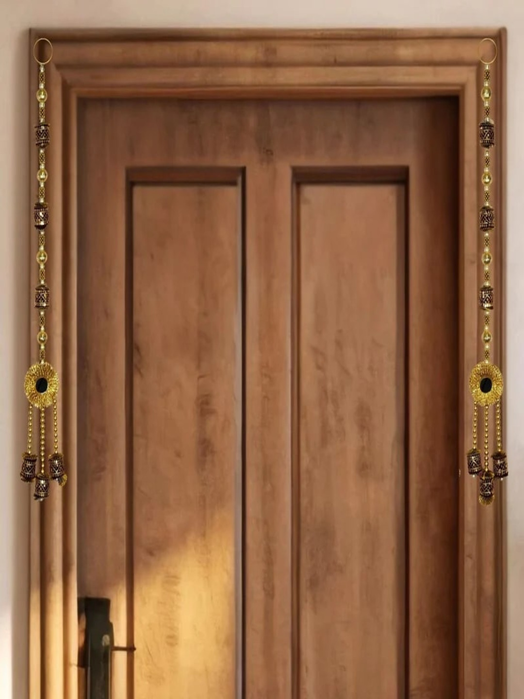 THE HOME CO. 2-Pcs Yellow Side Hanging Pearl Toran With Gota & Mirror