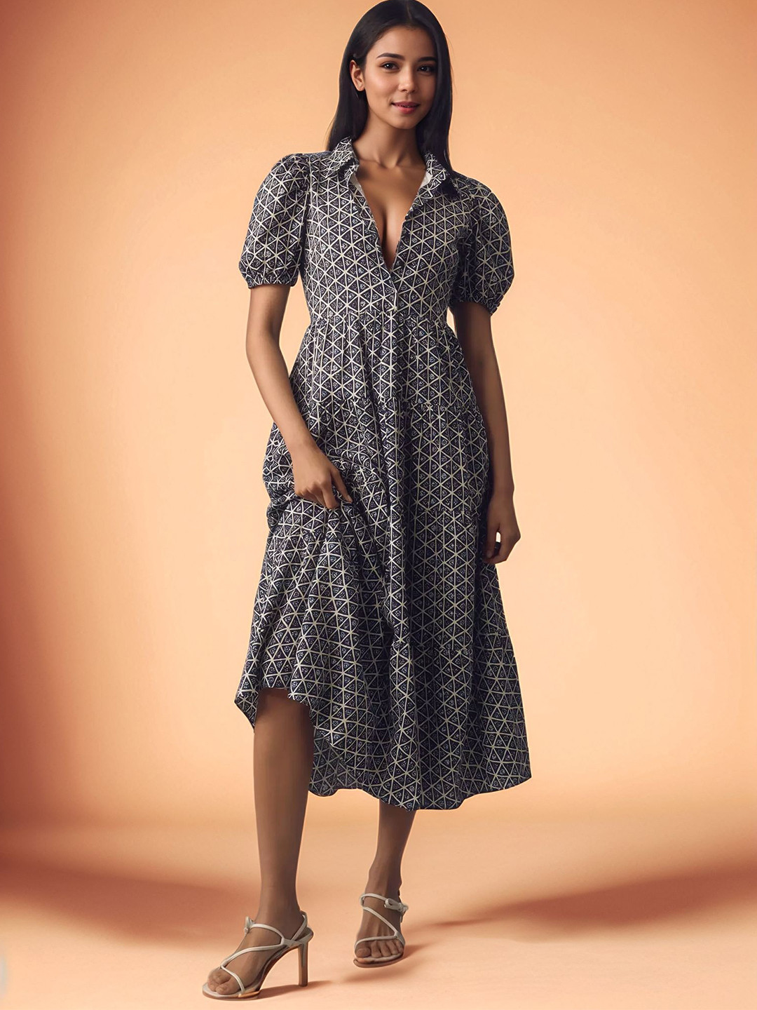 Roadster Geometric Calf Length Fit and Flare Dress