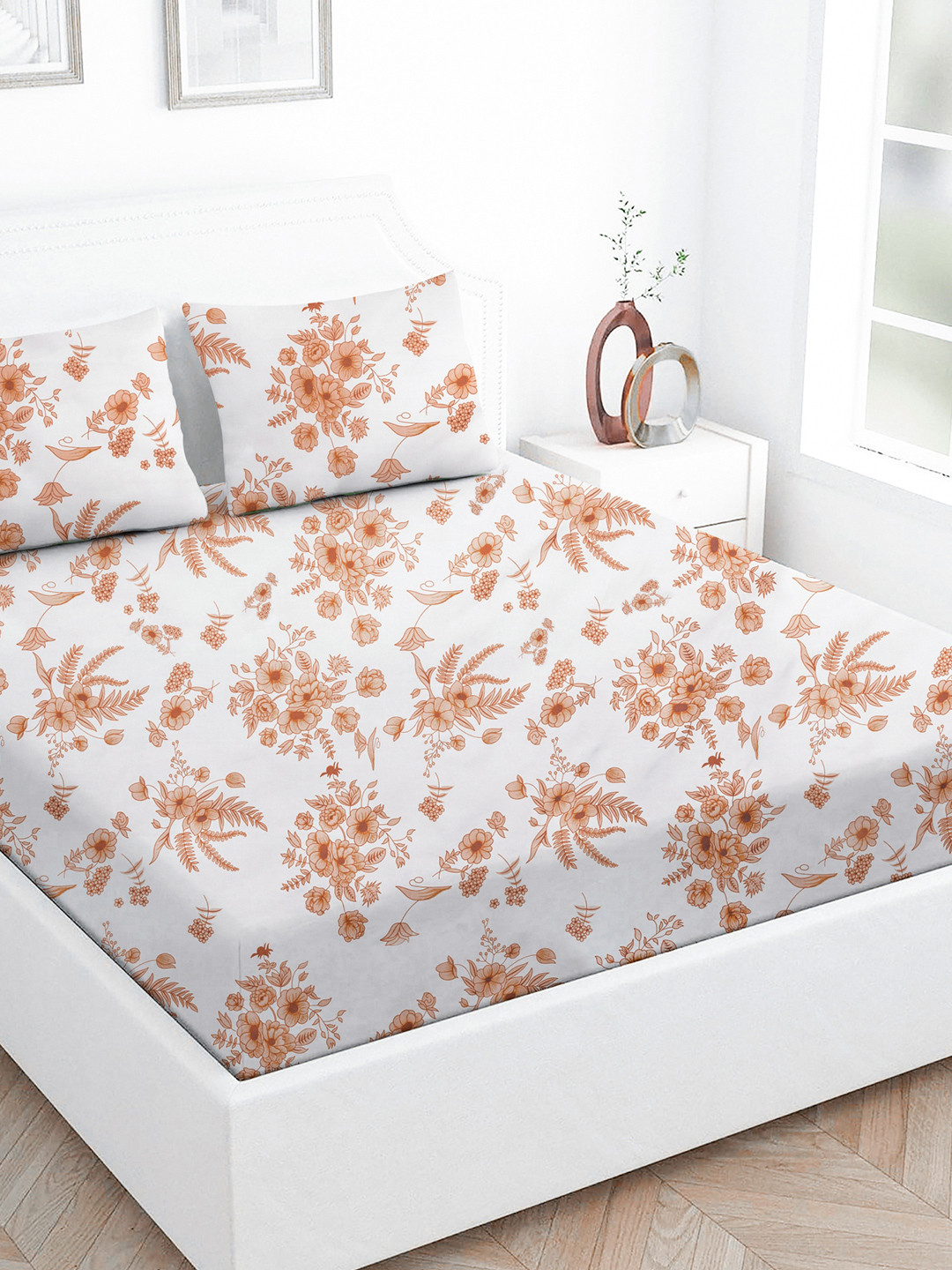 Star Weaves Coral Floral Cotton 350 TC Fitted King Superfine Bedsheet with 2 Pillow Covers-78 x 72 inches