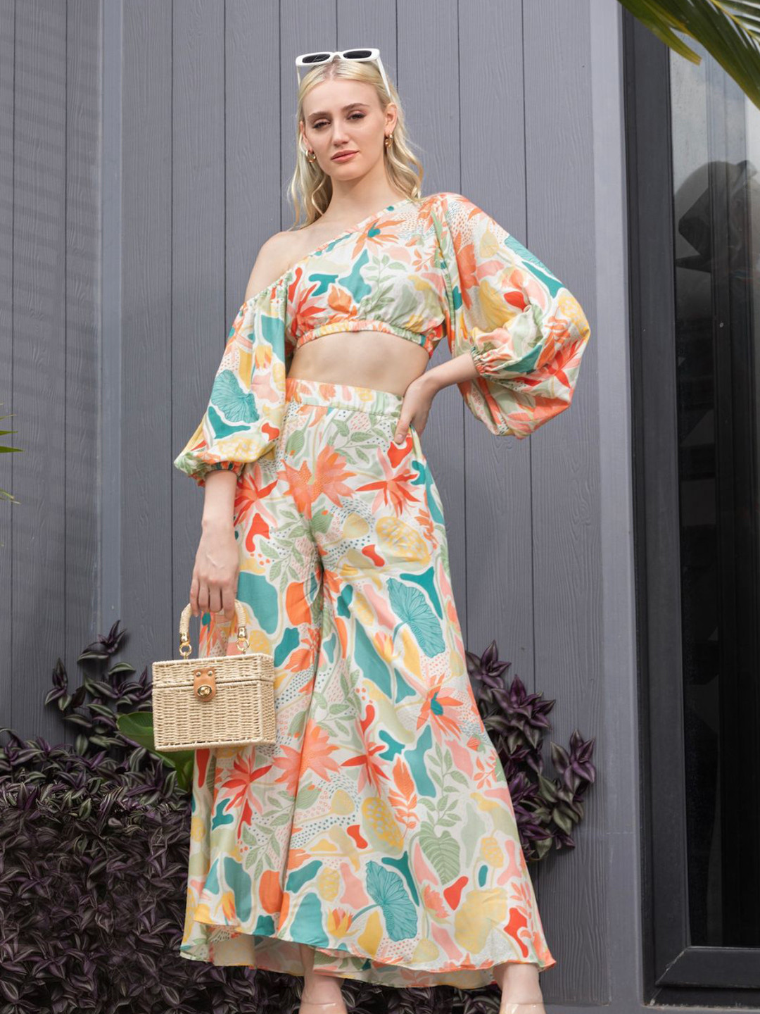 House of Abeena Printed Off-Shoulder Neck Crop Top & Maxi Pants Co-Ord