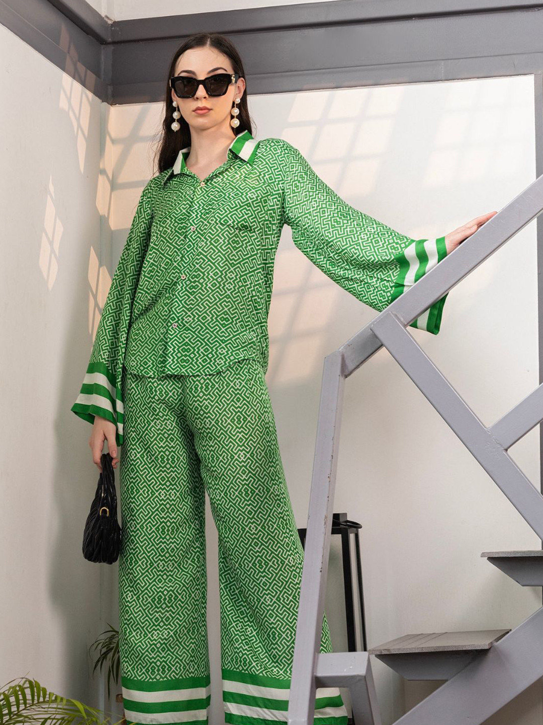 House of Abeena Abstract Printed Collar Neck Shirt & Maxi Pants Co-Ord