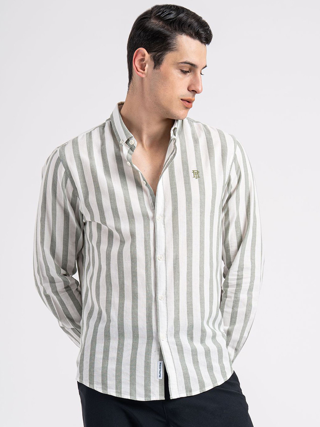 Red Tape Men Pure Cotton Button Down Full Sleeve Oxford Striped Loose Fit Shirt