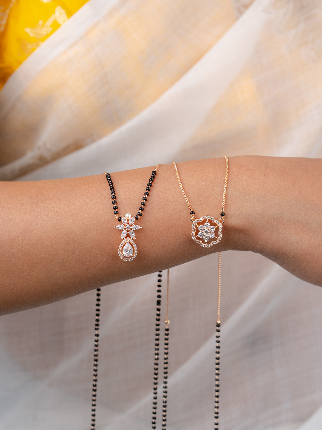 Zeraki Jewels Ahana Pack Of 2 Solitaire Diamond Studded Flower Detail Mangalsutra