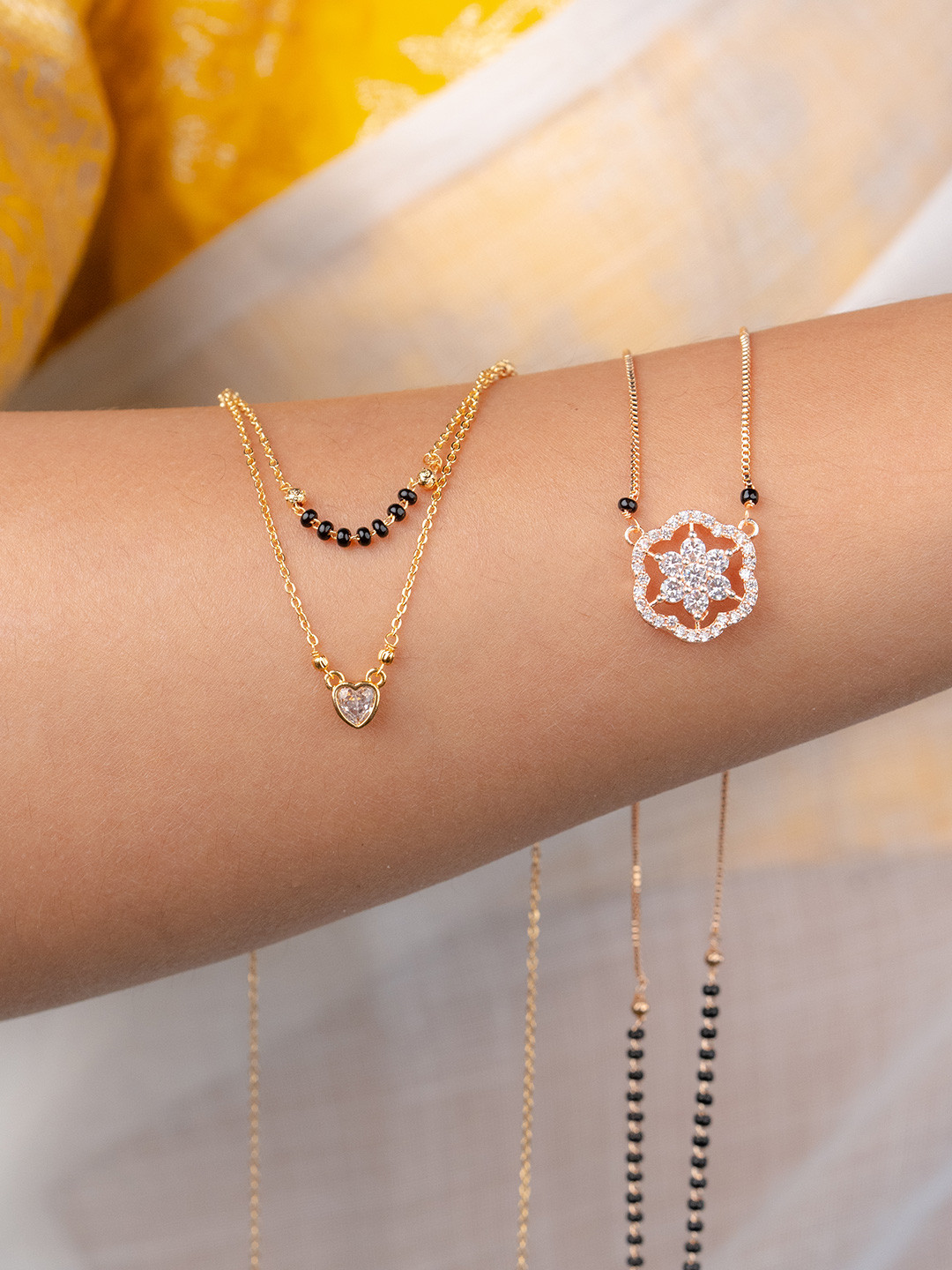 Zeraki Jewels Pack Of 2 Gold-Plated Solitare Diamond Mangalsutra & Simran Mangalsutra