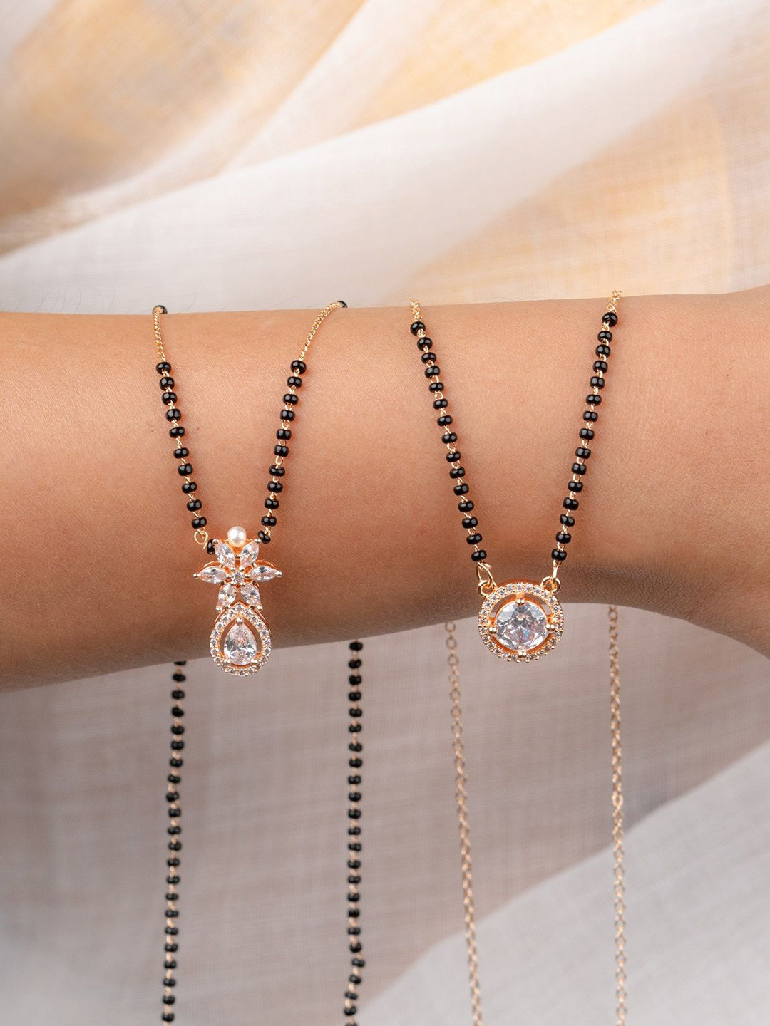 Zeraki Jewels Ahana&Suhana 2 Rose Gold-Plated Artificial Stones and Beads Mangalsutras
