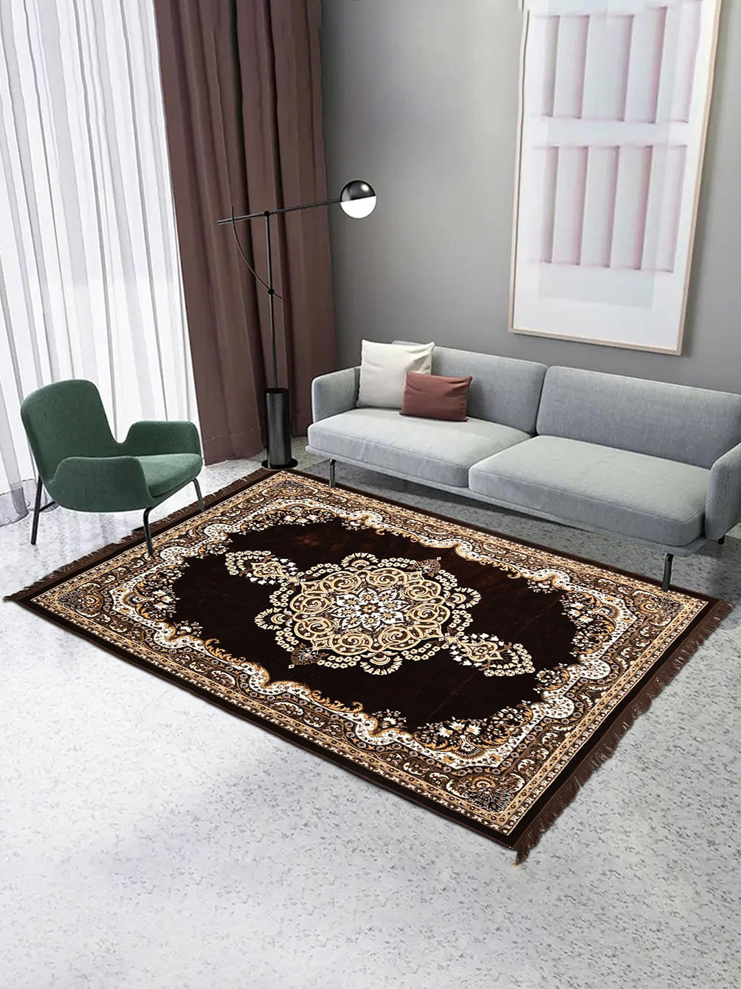 Aura Cream-Coloured Ethnic Motifs Living Room Machine Washable Bedside Floor Carpet