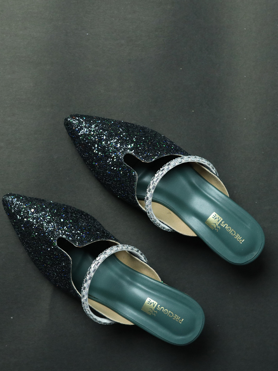 PreciousME Rhinestone Bling Block Heel Mules