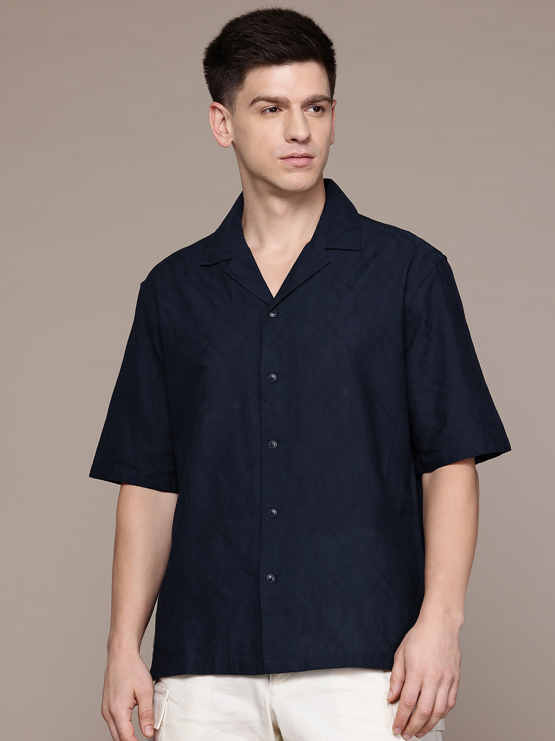 MANGO MAN Self-Design Relaxed Fit Cotton Casual Shirt