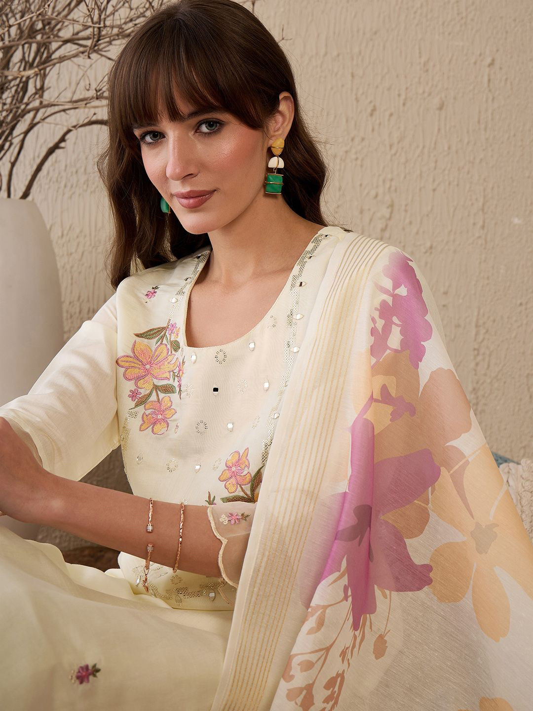 Indo Era Women Floral Embroidered Regular Mirror Work Chanderi Silk Kurta with Trousers & With Dupatta