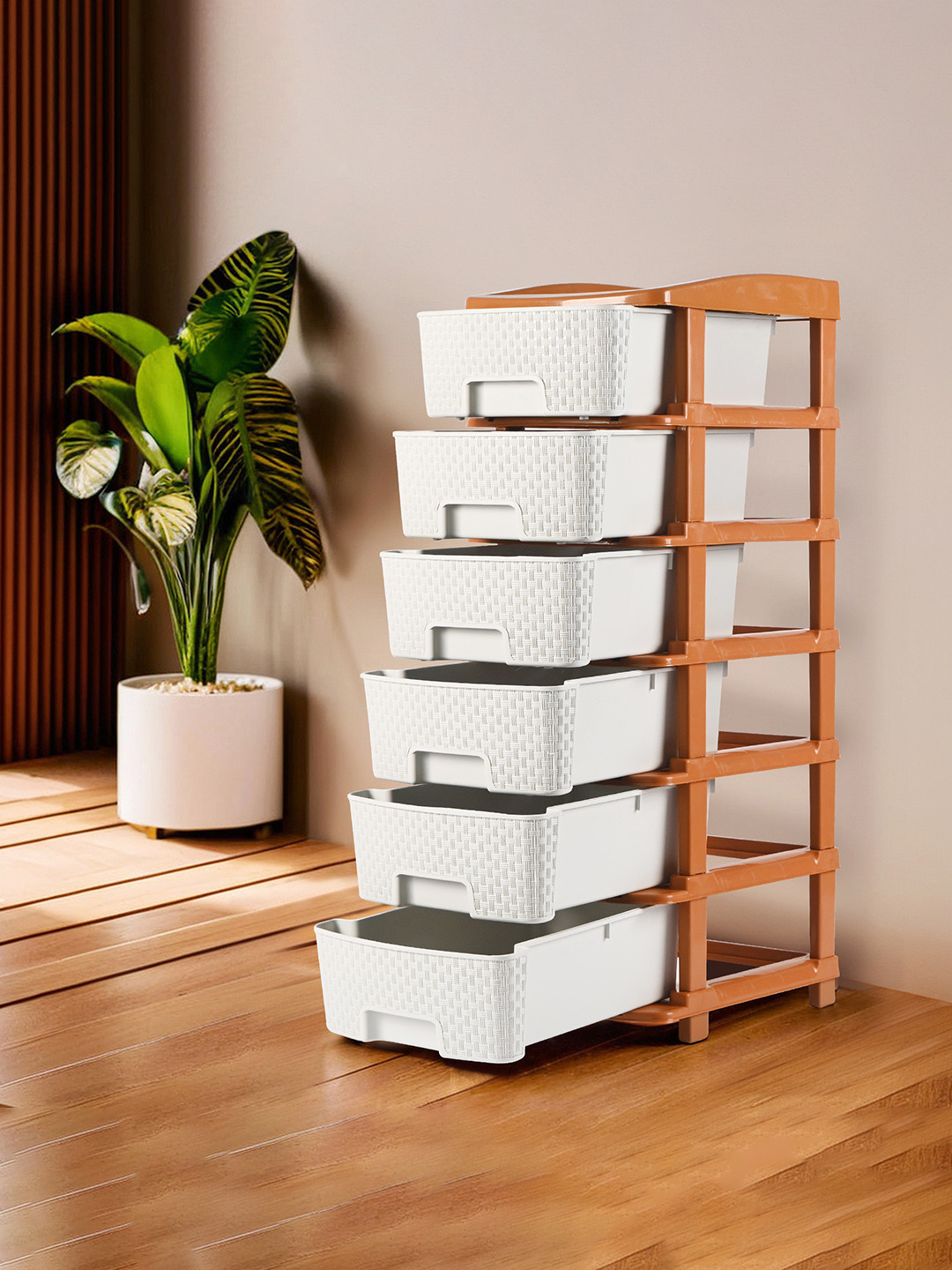 Aura Brown & White 6Tier Collapsible Multipurpose Plastic Cabinet Drawer Storage Organiser