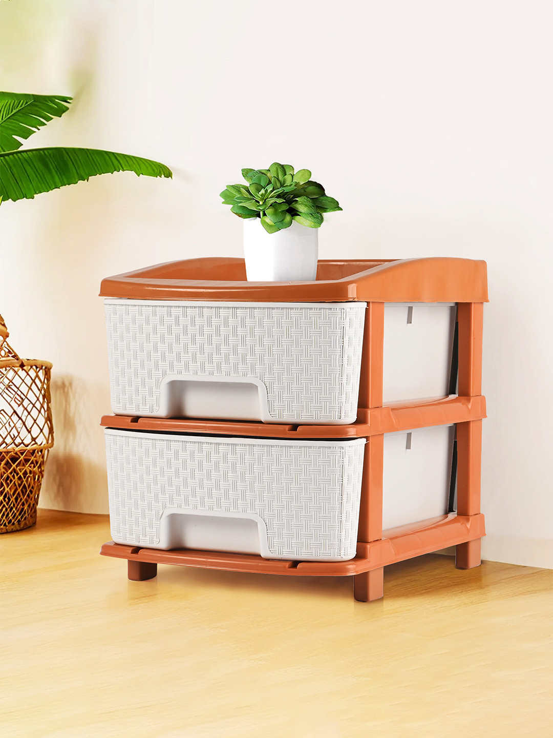 Aura Brown & White 2Tier Collapsible Multipurpose Plastic Cabinet Drawer Storage Organizer