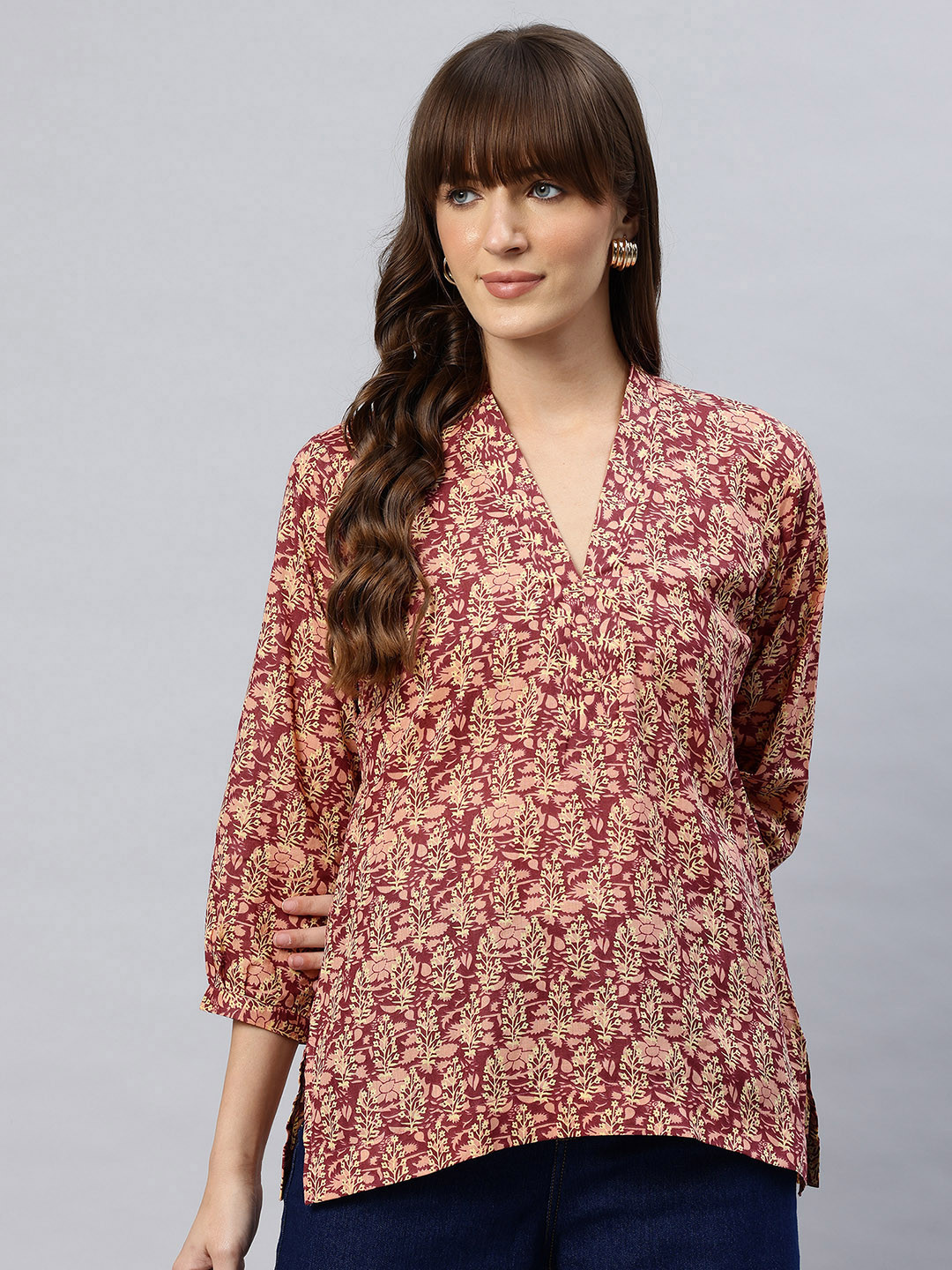 One Femme Ikat Print Puff Sleeve Cotton Top